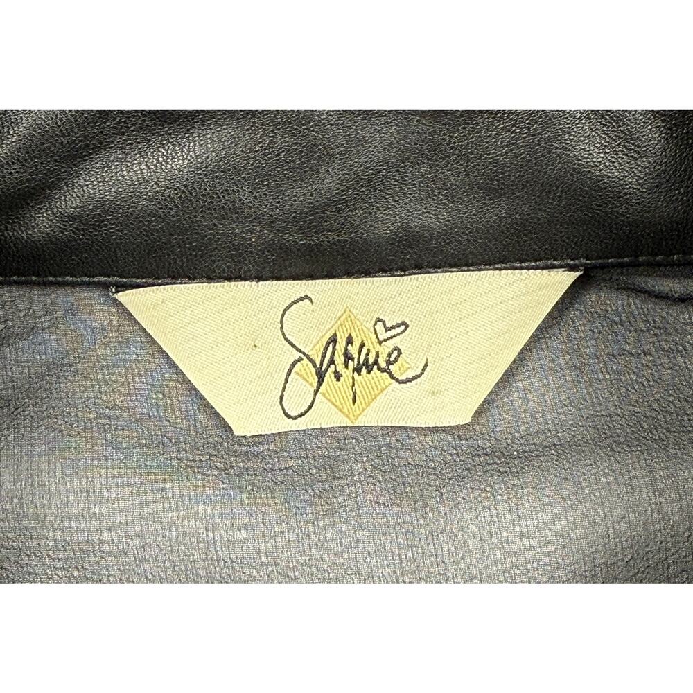 SAGAIE 90s VTG Paris black sheer long-sleeve tuxedo-style blouse leather trim - Picture 4 of 15
